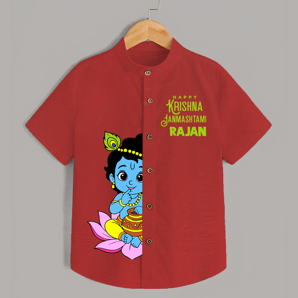 Krishna Janmashtami Lotus Celebration Printed Shirt - RED - 0 - 6 Months Old (Chest 23")