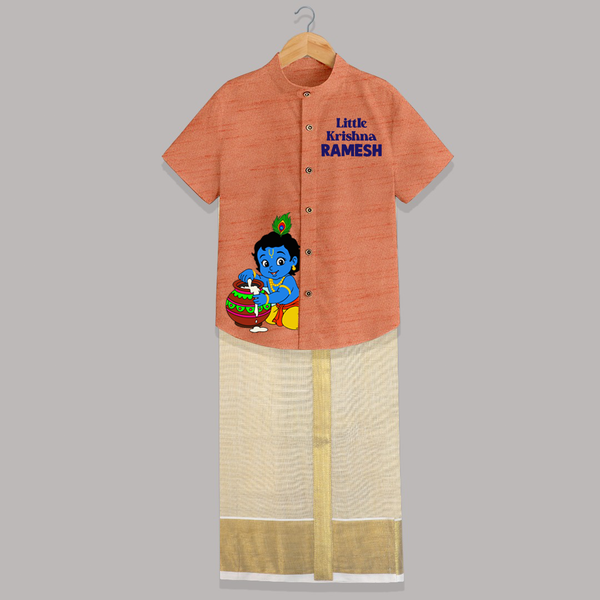 Little Krishna Makhan Pot Mischief Printed Shirt and Dhoti - ORANGE - 0 - 6 Months Old (Chest-23") (Dhoti length-14")
