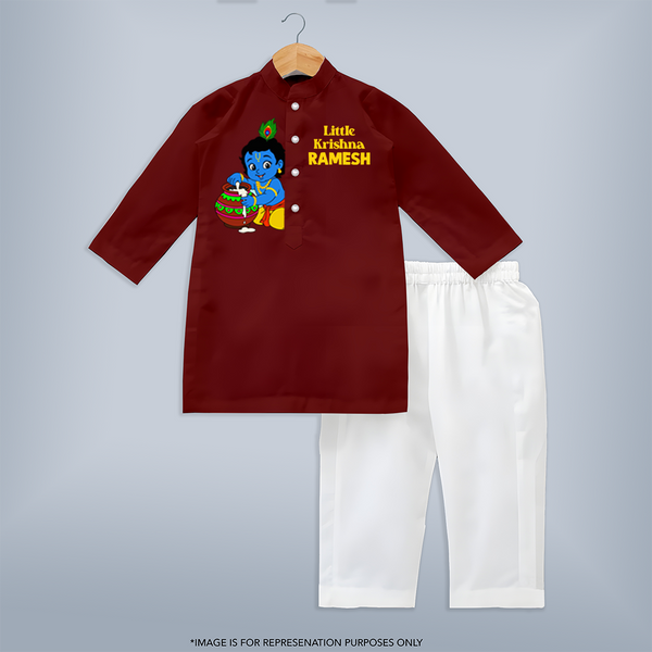 Little Krishna Makhan Pot Mischief Printed Kurta - MAROON - 3 - 6 Months Old (Chest 24", Kurta Length 14'', Waist 19", Pant Length 14")