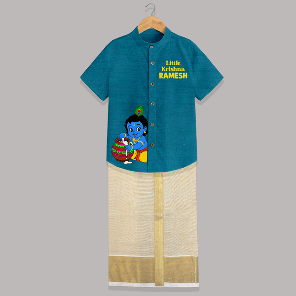 Little Krishna Makhan Pot Mischief Printed Shirt and Dhoti - PEACOCK BLUE - 0 - 6 Months Old (Chest-23") (Dhoti length-14")