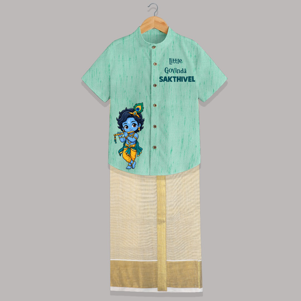 Little Krishna Butter Delight Illustration Printed Shirt and Dhoti - AQUA GREEN - 0 - 6 Months Old (Chest-23") (Dhoti length-14")