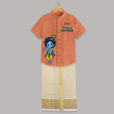 Little Krishna Butter Delight Illustration Printed Shirt and Dhoti - ORANGE - 0 - 6 Months Old (Chest-23") (Dhoti length-14")