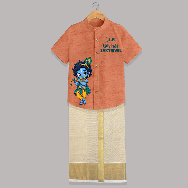 Little Krishna Butter Delight Illustration Printed Shirt and Dhoti - ORANGE - 0 - 6 Months Old (Chest-23") (Dhoti length-14")