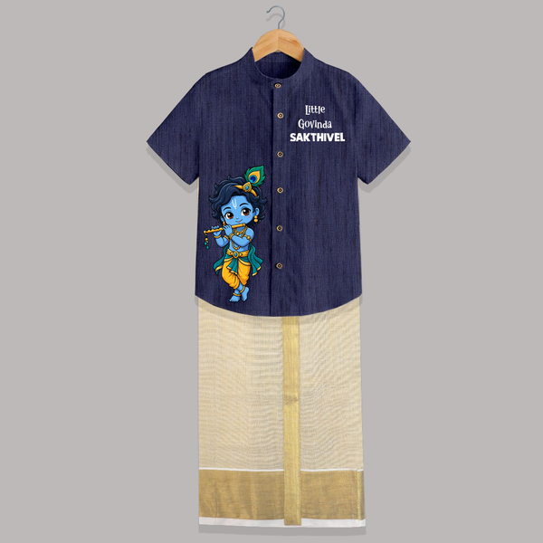 Little Krishna Butter Delight Illustration Printed Shirt and Dhoti - DARK BLUE - 0 - 6 Months Old (Chest-23") (Dhoti length-14")
