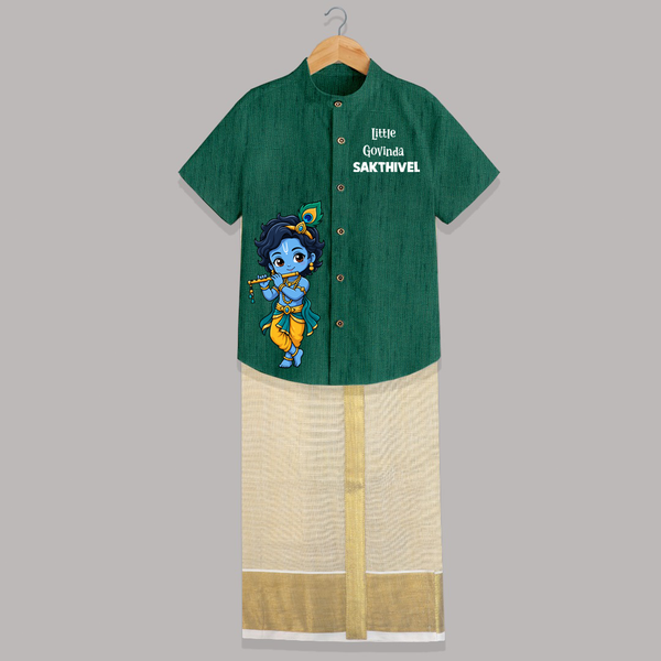 Little Krishna Butter Delight Illustration Printed Shirt and Dhoti - DARK GREEN - 0 - 6 Months Old (Chest-23") (Dhoti length-14")