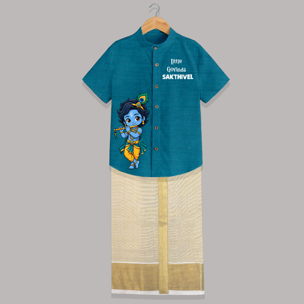 Little Krishna Butter Delight Illustration Printed Shirt and Dhoti - PEACOCK BLUE - 0 - 6 Months Old (Chest-23") (Dhoti length-14")