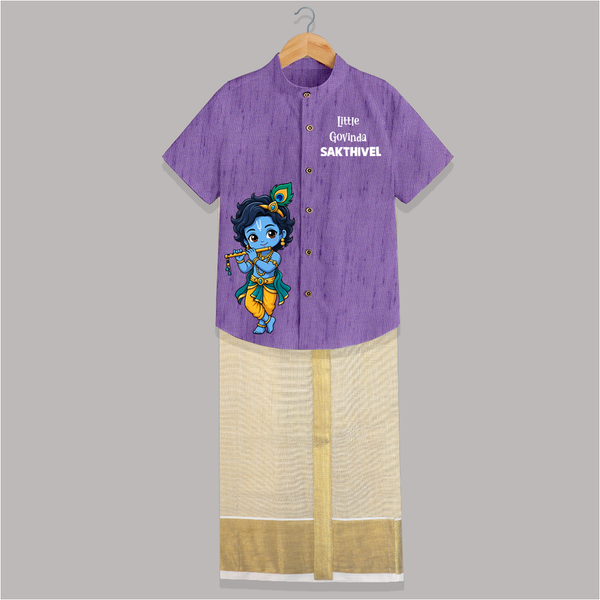 Little Krishna Butter Delight Illustration Printed Shirt and Dhoti - ROYAL PURPLE - 0 - 6 Months Old (Chest-23") (Dhoti length-14")
