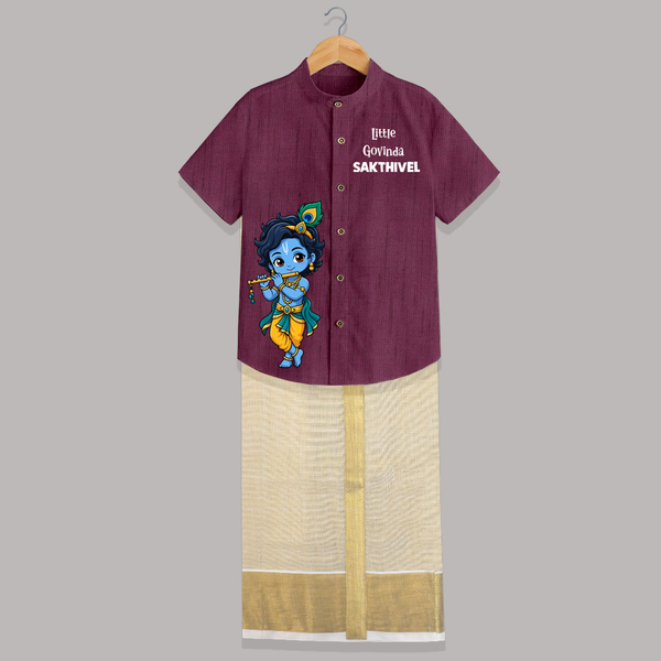Little Krishna Butter Delight Illustration Printed Shirt and Dhoti - WINE - 0 - 6 Months Old (Chest-23") (Dhoti length-14")