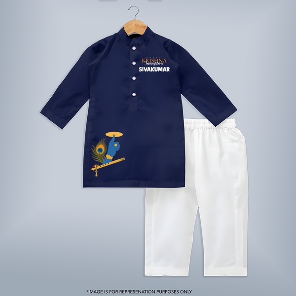 Little Govinda Flute Player Printed Kurta - NAVY BLUE - 3 - 6 Months Old (Chest 24", Kurta Length 14'', Waist 19", Pant Length 14")