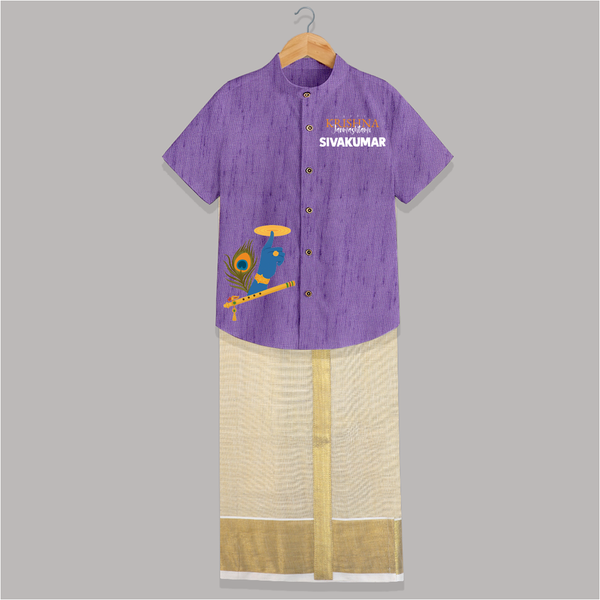 Little Govinda Flute Player Printed Shirt and Dhoti - ROYAL PURPLE - 0 - 6 Months Old (Chest-23") (Dhoti length-14")