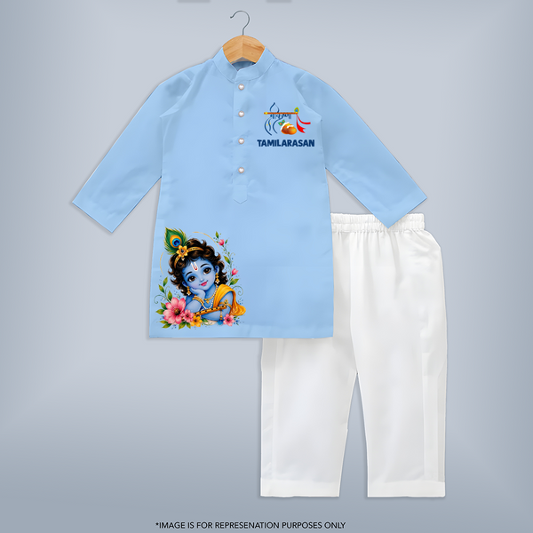Divine Krishna Flute Feather Illustration Printed Kurta - BABY BLUE - 3 - 6 Months Old (Chest 24", Kurta Length 14'', Waist 19", Pant Length 14")