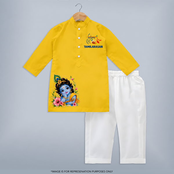 Divine Krishna Flute Feather Illustration Printed Kurta - CHROME YELLOW - 3 - 6 Months Old (Chest 24", Kurta Length 14'', Waist 19", Pant Length 14")