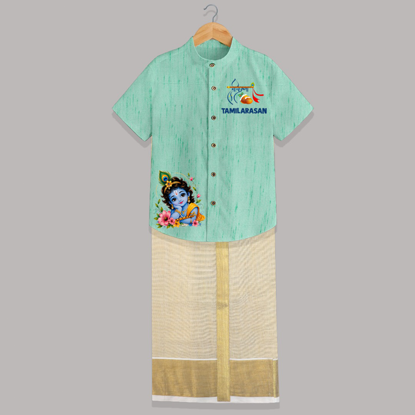 Divine Krishna Flute Feather Illustration Printed Shirt and Dhoti - AQUA GREEN - 0 - 6 Months Old (Chest-23") (Dhoti length-14")