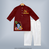 Divine Krishna Flute Feather Illustration Printed Kurta - MAROON - 3 - 6 Months Old (Chest 24", Kurta Length 14'', Waist 19", Pant Length 14")