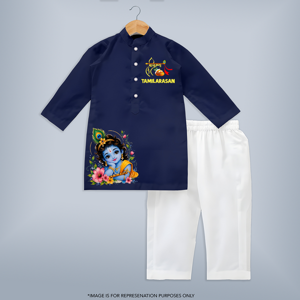 Divine Krishna Flute Feather Illustration Printed Kurta - NAVY BLUE - 3 - 6 Months Old (Chest 24", Kurta Length 14'', Waist 19", Pant Length 14")