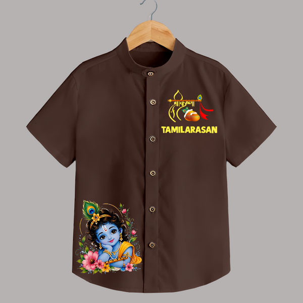 Divine Krishna Flute Feather Illustration Printed Shirt - CHOCOLATE BROWN - 0 - 6 Months Old (Chest 23")