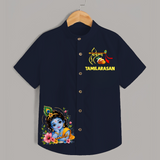 Divine Krishna Flute Feather Illustration Printed Shirt - NAVY BLUE - 0 - 6 Months Old (Chest 23")