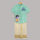 Little Krishna Cow Companion Printed Shirt and Dhoti - AQUA GREEN - 0 - 6 Months Old (Chest-23") (Dhoti length-14")