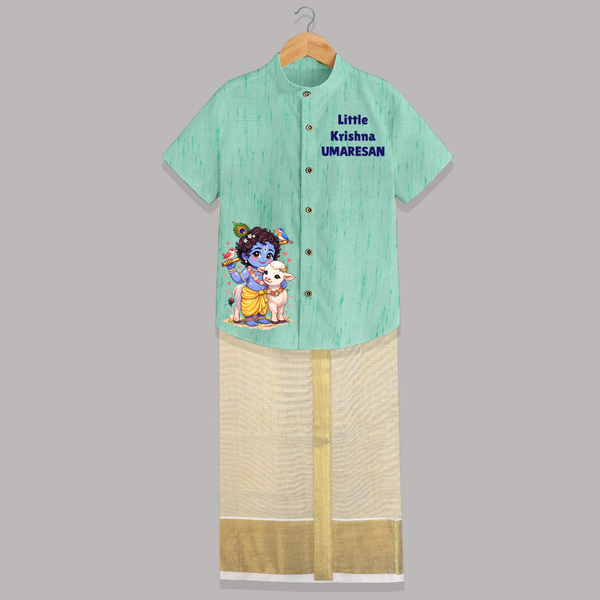 Little Krishna Cow Companion Printed Shirt and Dhoti - AQUA GREEN - 0 - 6 Months Old (Chest-23") (Dhoti length-14")