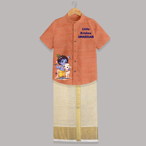 Little Krishna Cow Companion Printed Shirt and Dhoti - ORANGE - 0 - 6 Months Old (Chest-23") (Dhoti length-14")