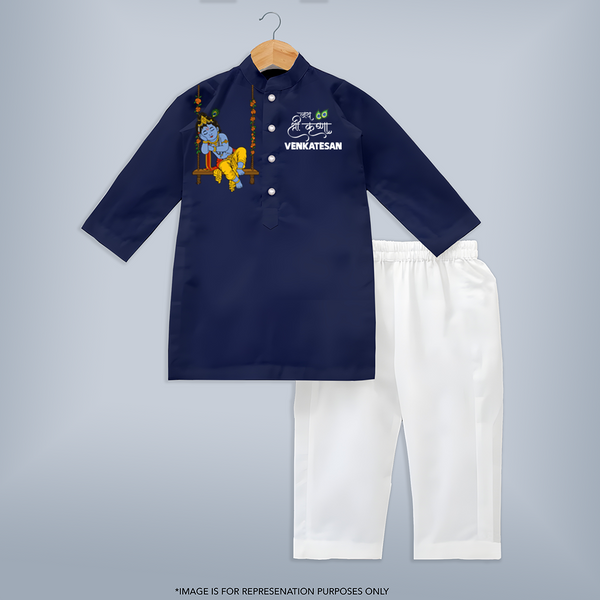 Krishna Swing Celebration Illustration Printed Kurta - NAVY BLUE - 3 - 6 Months Old (Chest 24", Kurta Length 14'', Waist 19", Pant Length 14")