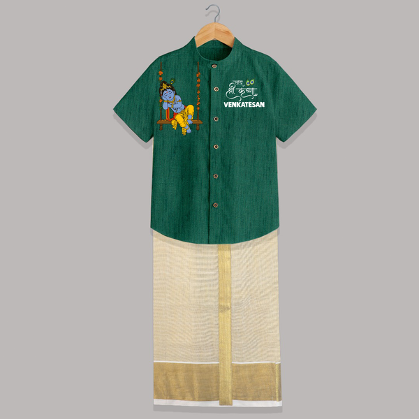Krishna Swing Celebration Illustration Printed Shirt and Dhoti - DARK GREEN - 0 - 6 Months Old (Chest-23") (Dhoti length-14")