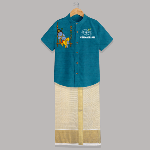 Krishna Swing Celebration Illustration Printed Shirt and Dhoti - PEACOCK BLUE - 0 - 6 Months Old (Chest-23") (Dhoti length-14")