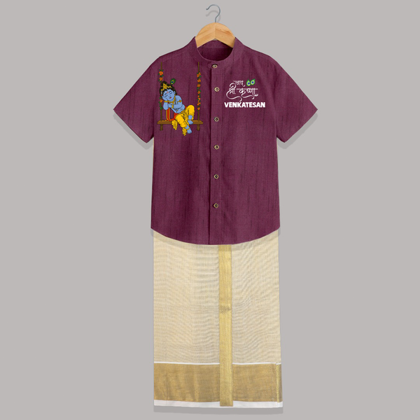 Krishna Swing Celebration Illustration Printed Shirt and Dhoti - WINE - 0 - 6 Months Old (Chest-23") (Dhoti length-14")