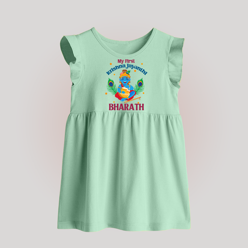 My First Krishna Jayanthi Baby Frock | Personalized Baby Frock for Krishna Jayanthi Celebration - MINT GREEN - 0 - 3 Months Old (Chest 17")