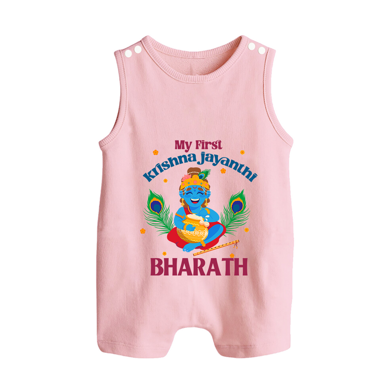 My First Krishna Jayanthi Romper Suit/Sleeveless Romper | Personalized Baby Romper Suit/Sleeveless Romper for Krishna Jayanthi Celebration - BABY PINK - 0 - 5 Months Old (Chest 18")