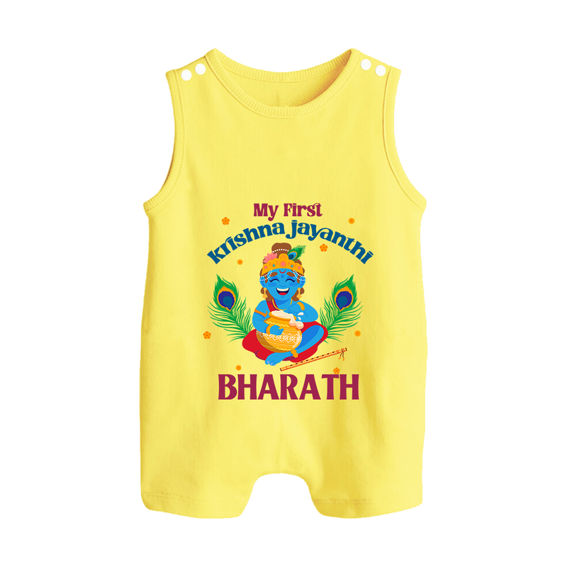 My First Krishna Jayanthi Romper Suit/Sleeveless Romper | Personalized Baby Romper Suit/Sleeveless Romper for Krishna Jayanthi Celebration - PASTEL YELLOW - 0 - 5 Months Old (Chest 18")