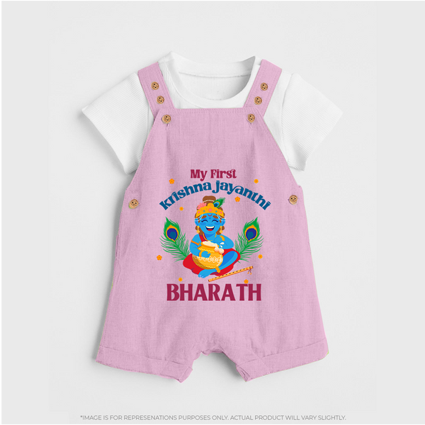 My First Krishna Jayanthi Dungaree Set | Personalized Baby Dungaree Set for Krishna Jayanthi Celebration - BABY PINK - 0 - 5 Months Old (Chest 18")