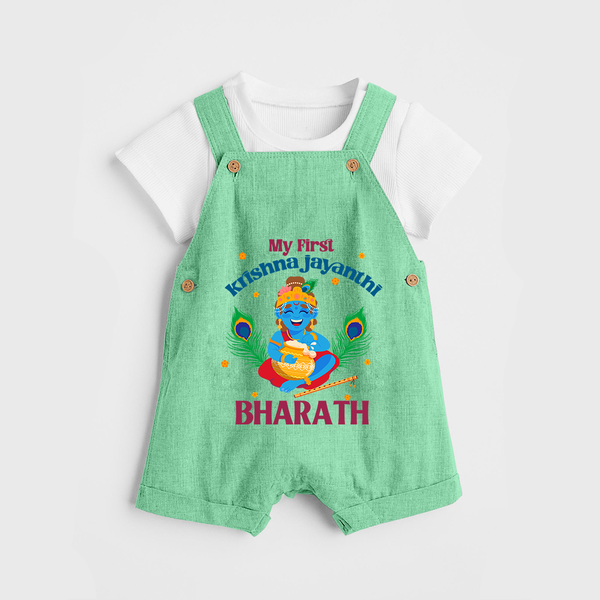 My First Krishna Jayanthi Dungaree Set | Personalized Baby Dungaree Set for Krishna Jayanthi Celebration - GREEN - 0 - 5 Months Old (Chest 18")