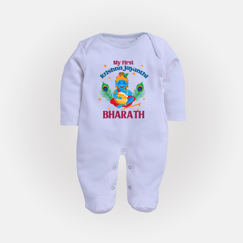 My First Krishna Jayanthi Sleep Suit/Full Sleeve Body Suit | Personalized Baby Sleep Suit/Full Sleeve Body Suit for Krishna Jayanthi Celebration - BABY BLUE - New Born (Chest 7.5")