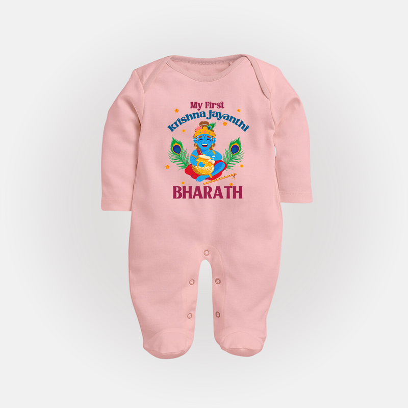 My First Krishna Jayanthi Sleep Suit/Full Sleeve Body Suit | Personalized Baby Sleep Suit/Full Sleeve Body Suit for Krishna Jayanthi Celebration - BABY PINK - New Born (Chest 7.5")