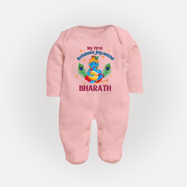 My First Krishna Jayanthi Sleep Suit/Full Sleeve Body Suit | Personalized Baby Sleep Suit/Full Sleeve Body Suit for Krishna Jayanthi Celebration - BABY PINK - New Born (Chest 7.5")