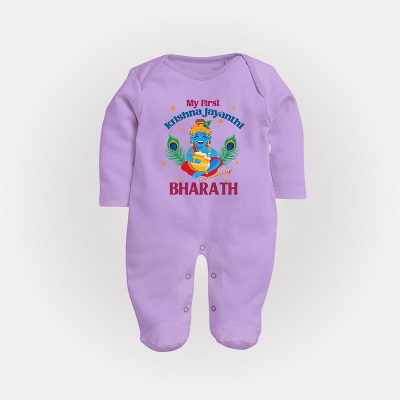 My First Krishna Jayanthi Sleep Suit/Full Sleeve Body Suit | Personalized Baby Sleep Suit/Full Sleeve Body Suit for Krishna Jayanthi Celebration - LILAC - New Born (Chest 7.5")