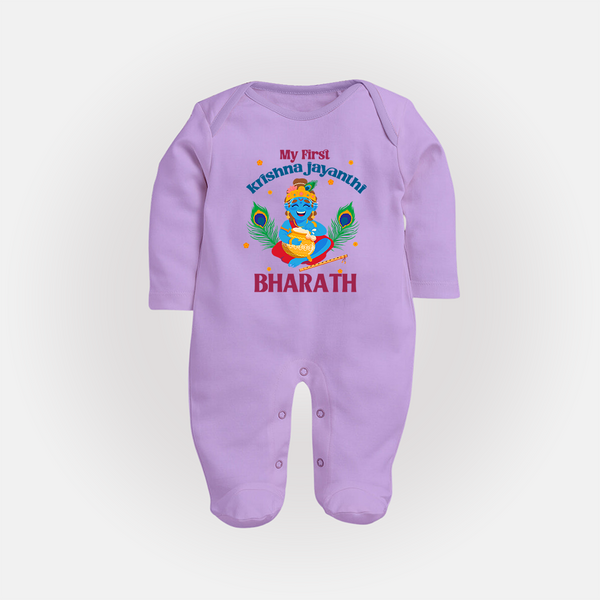 My First Krishna Jayanthi Sleep Suit/Full Sleeve Body Suit | Personalized Baby Sleep Suit/Full Sleeve Body Suit for Krishna Jayanthi Celebration - LILAC - New Born (Chest 7.5")