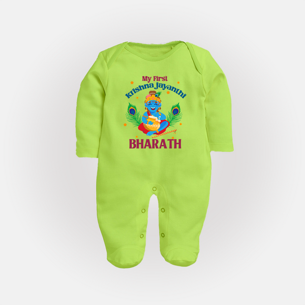 My First Krishna Jayanthi Sleep Suit/Full Sleeve Body Suit | Personalized Baby Sleep Suit/Full Sleeve Body Suit for Krishna Jayanthi Celebration - LIME GREEN - New Born (Chest 7.5")