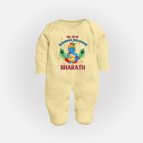 My First Krishna Jayanthi Sleep Suit/Full Sleeve Body Suit | Personalized Baby Sleep Suit/Full Sleeve Body Suit for Krishna Jayanthi Celebration - PASTEL YELLOW - New Born (Chest 7.5")