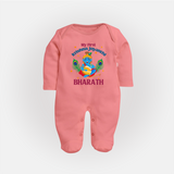 My First Krishna Jayanthi Sleep Suit/Full Sleeve Body Suit | Personalized Baby Sleep Suit/Full Sleeve Body Suit for Krishna Jayanthi Celebration - PEACH - New Born (Chest 7.5")