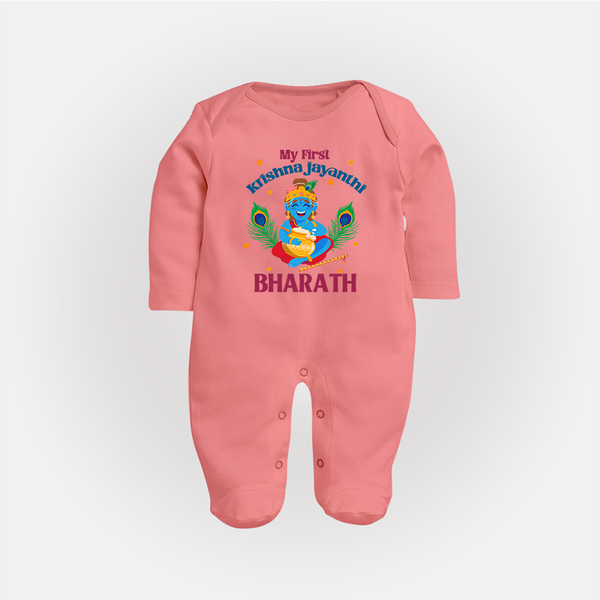 My First Krishna Jayanthi Sleep Suit/Full Sleeve Body Suit | Personalized Baby Sleep Suit/Full Sleeve Body Suit for Krishna Jayanthi Celebration - PEACH - New Born (Chest 7.5")