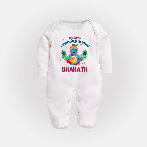 My First Krishna Jayanthi Sleep Suit/Full Sleeve Body Suit | Personalized Baby Sleep Suit/Full Sleeve Body Suit for Krishna Jayanthi Celebration - WHITE - New Born (Chest 7.5")