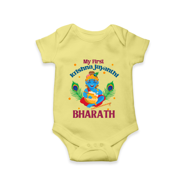 My First Krishna Jayanthi Romper/Onesie | Personalized Baby Romper/Onesie for Krishna Jayanthi Celebration - PASTEL YELLOW - New Born (Chest 14")