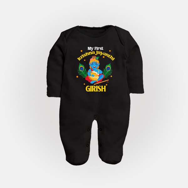 My First Krishna Jayanthi Sleep Suit/Full Sleeve Body Suit | Personalized Baby Sleep Suit/Full Sleeve Body Suit for Krishna Jayanthi Celebration - BLACK - New Born (Chest 7.5")