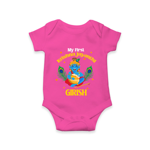 My First Krishna Jayanthi Romper/Onesie | Personalized Baby Romper/Onesie for Krishna Jayanthi Celebration - HOT PINK - New Born (Chest 14")