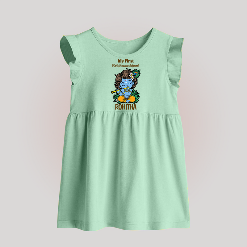 My First Krishnashtami Baby Frock | Personalized Baby Frock for Krishnashtami - MINT GREEN - 0 - 3 Months Old (Chest 17")