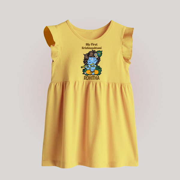 My First Krishnashtami Baby Frock | Personalized Baby Frock for Krishnashtami - PASTEL YELLOW - 0 - 3 Months Old (Chest 17")