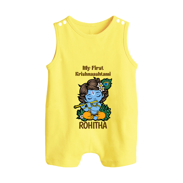 My First Krishnashtami Romper Suit/Sleeveless Romper | Personalized Baby Romper Suit/Sleeveless Romper for Krishnashtami - PASTEL YELLOW - 0 - 5 Months Old (Chest 18")