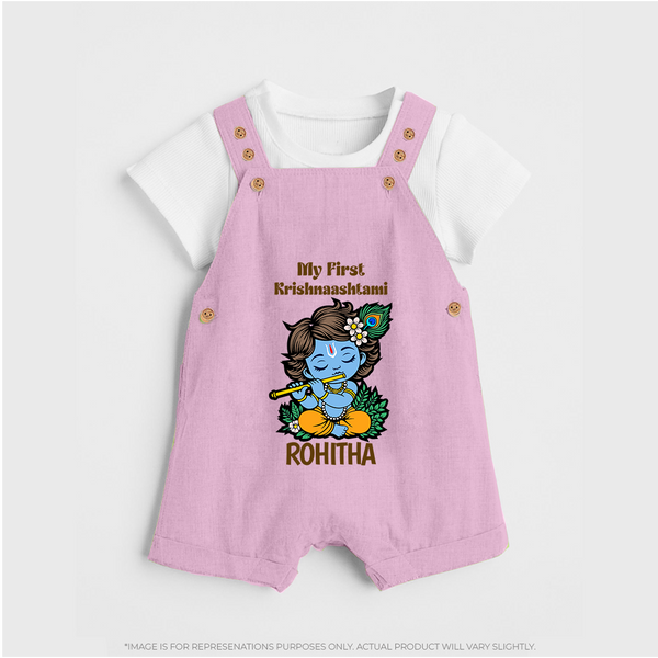 My First Krishnashtami Dungaree Set | Personalized Baby Dungaree Set for Krishnashtami - BABY PINK - 0 - 5 Months Old (Chest 18")